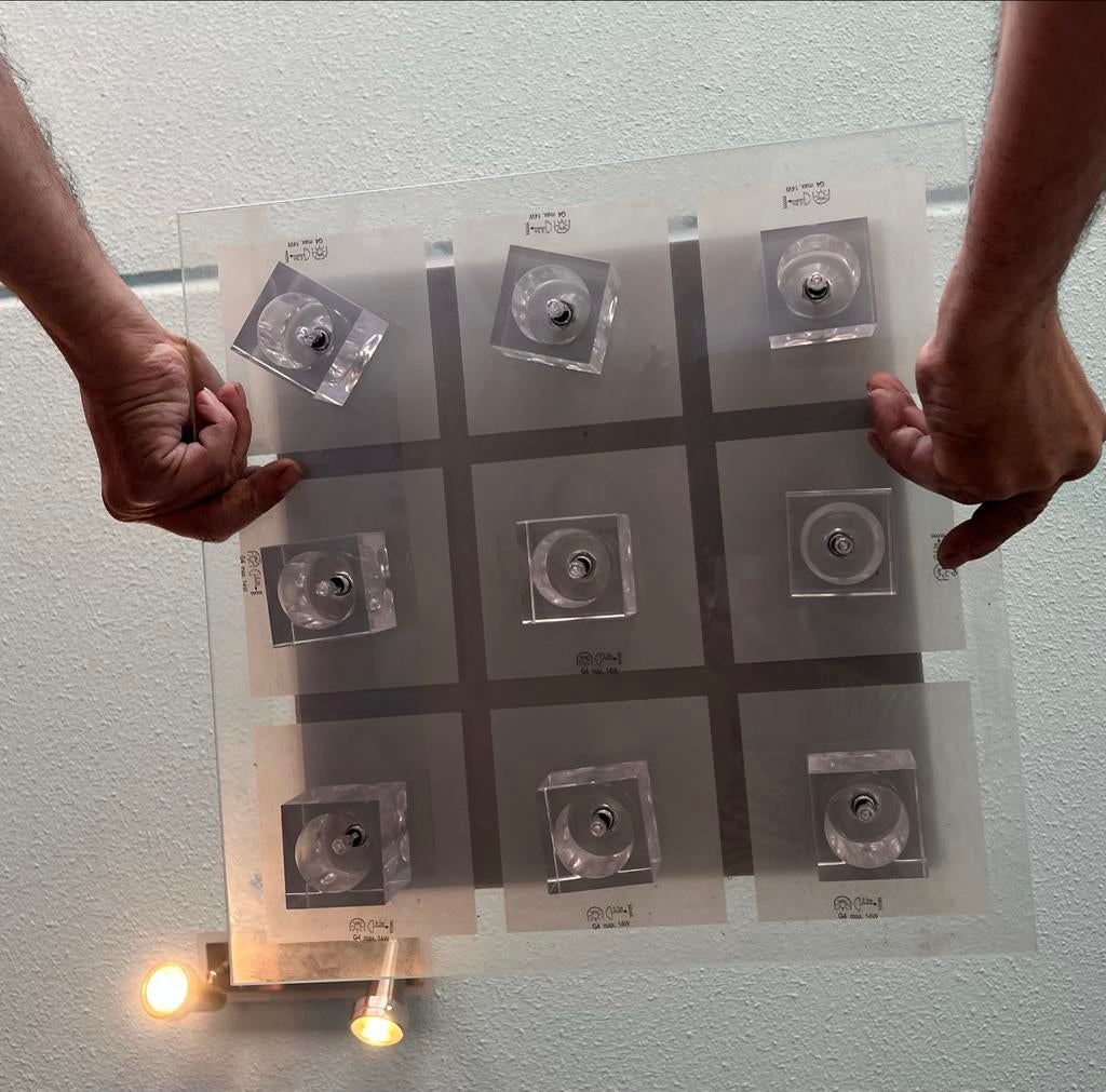 Moderne glazen plafondlamp met 9 halogeen spots, Ophalen of Verzenden, Gebruikt, Glas