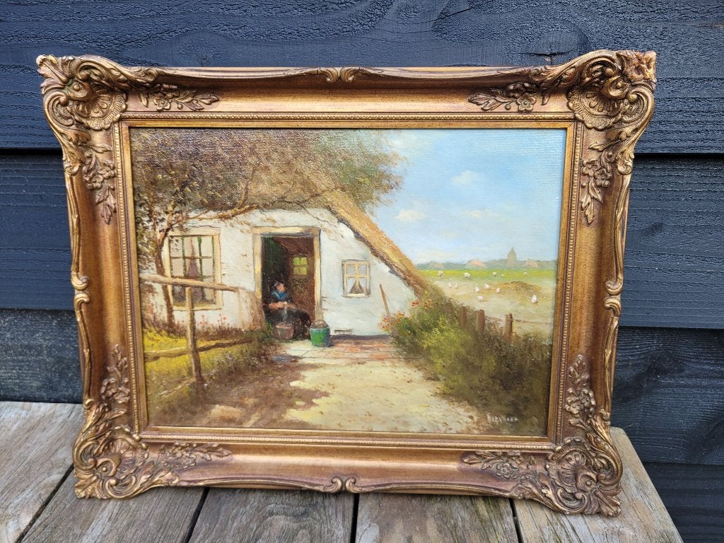 Doek 'Boerenerf met boerin' gesign. H. Verhaaf (1881-1970), Antiek en Kunst, Kunst | Schilderijen | Klassiek, Ophalen, Doek, Oud hollands