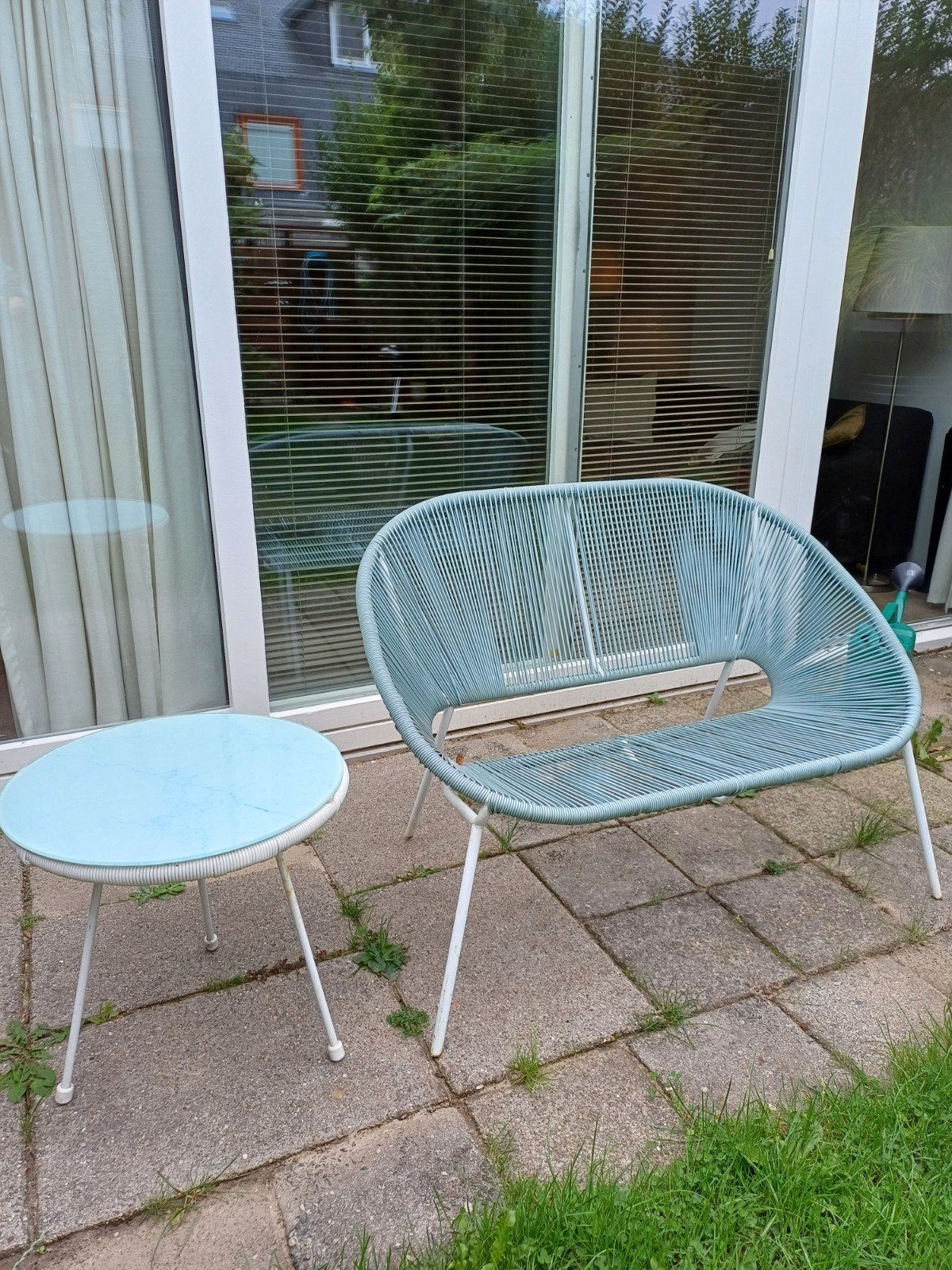 Tuinbankje en bijzettafel set - lichtblauw, Ophalen, Gebruikt, Kunststof