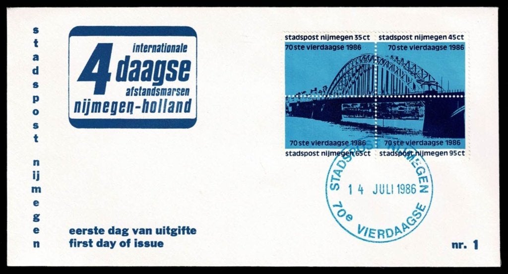 Bruggen : Waalbrug te Nijmegen - Int'l vierdaagse 1986, Ophalen of Verzenden, Gestempeld, Overige thema's