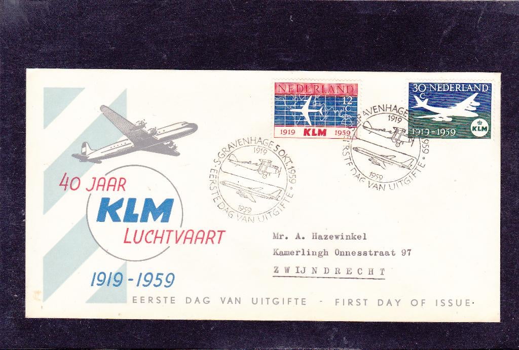 FDC E 40 KLM 1959 (846), Postzegels en Munten, Verzenden, Beschreven, Nederland