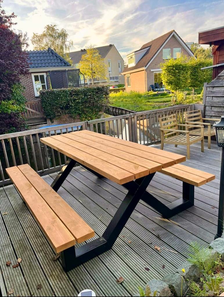 Picknicktafel, robuuste X poten, 2 maal gepoedercoat zwart., Ophalen, Zo goed als nieuw, Rechthoekig, Staal