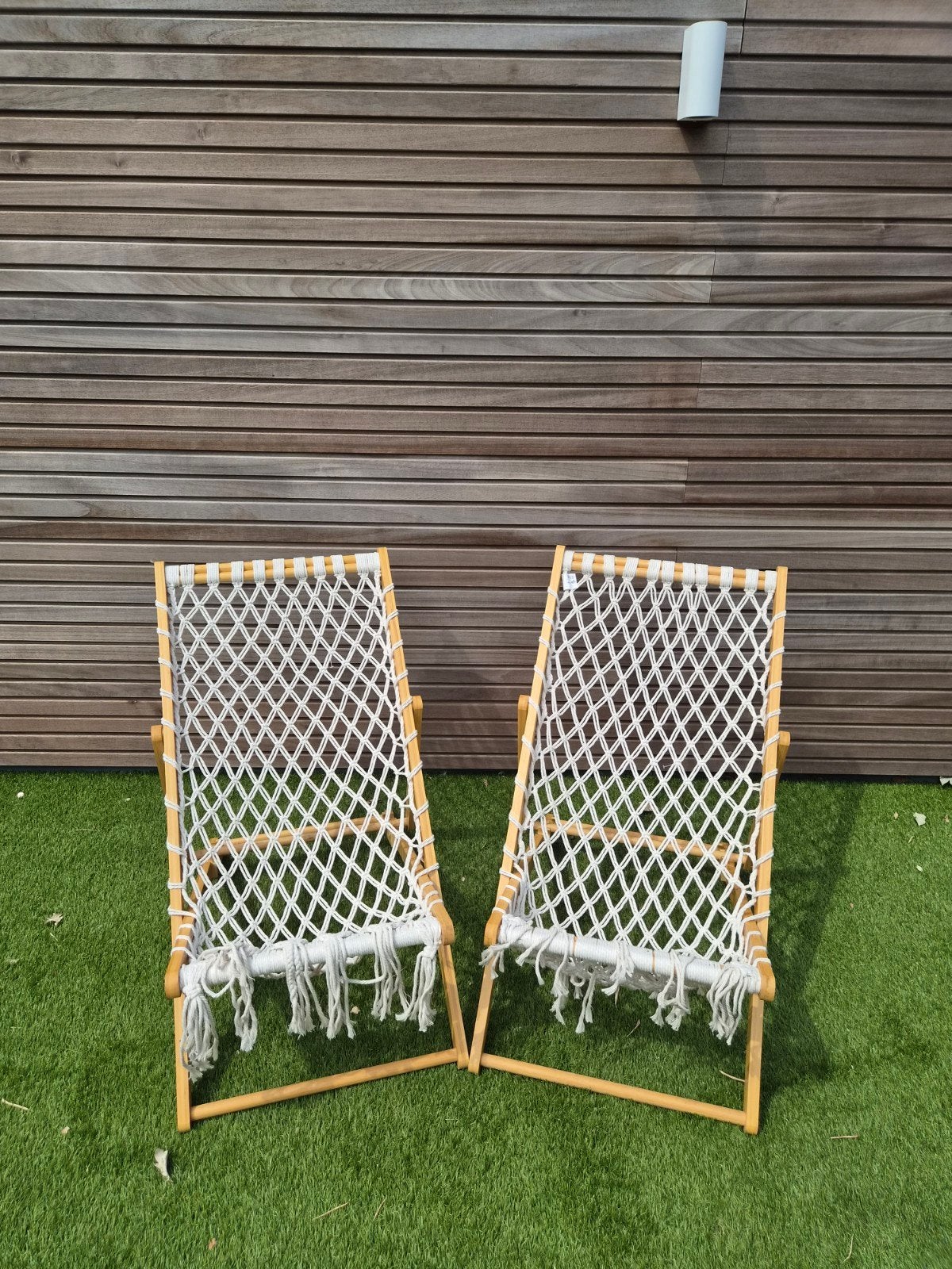 2x Houten Ibiza stoel met macramé zitting, Ophalen, Gebruikt, Hout, Inklapbaar