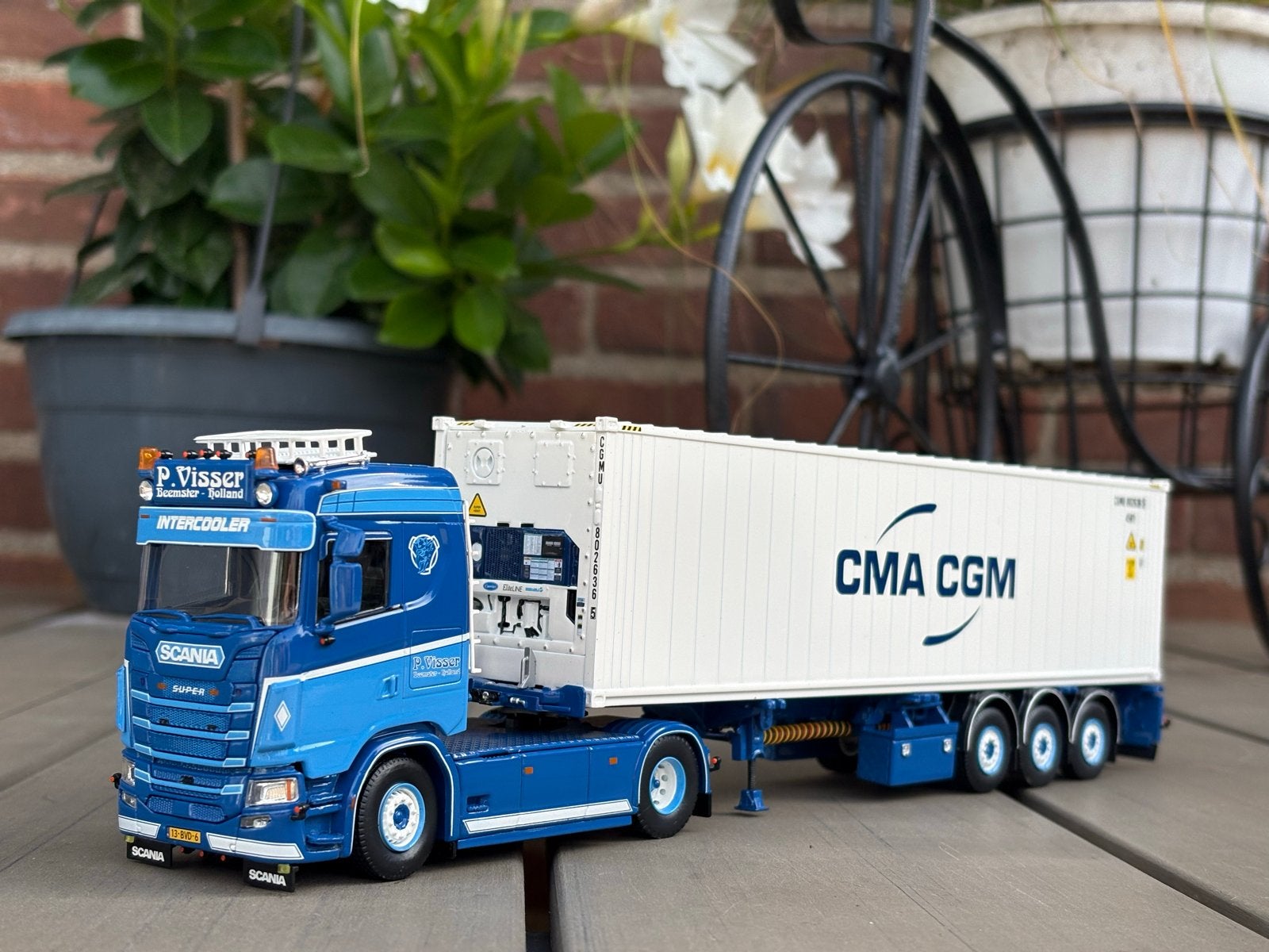 Tekno Scania S500 P. Visser met CMA CGM container, Ophalen of Verzenden, Zo goed als nieuw, Bus of Vrachtwagen, Wsi