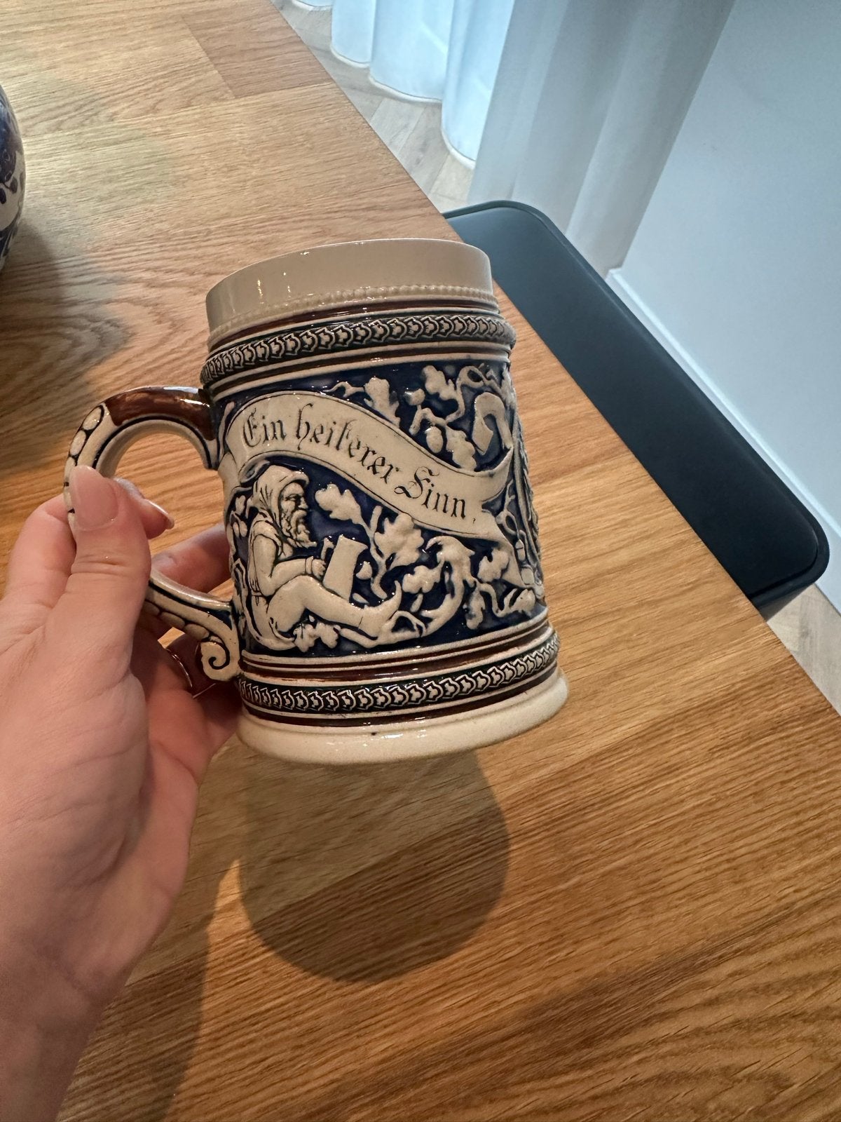 Vintage Retro Keramische Bierpul Mok Bruin Blauw, Ophalen of Verzenden