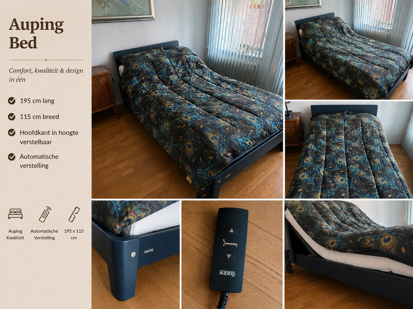 Auping elektrisch bed, Ophalen, Verstelbaar, 190 cm of minder, Zo goed als nieuw
