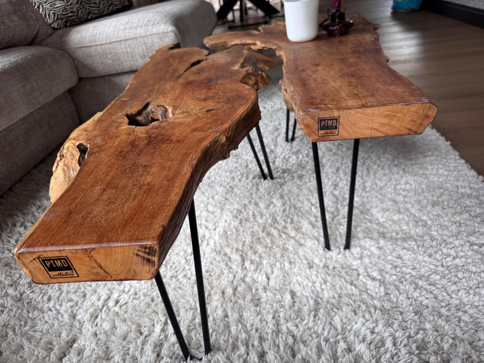 Unieke salontafel van massief hout met metalen poten, Ophalen, 100 tot 150 cm, 50 tot 100 cm, Zo goed als nieuw