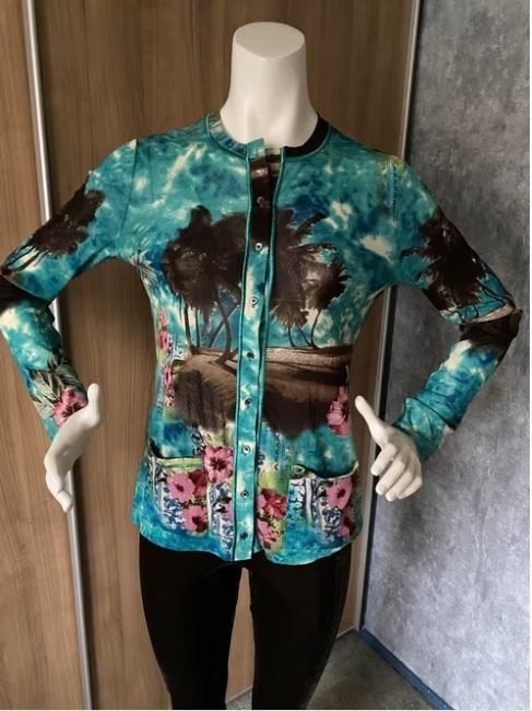 Turquoise blouse met tropische print mt. M, Meerkleurig, Ophalen of Verzenden, Zo goed als nieuw, Nice Connection