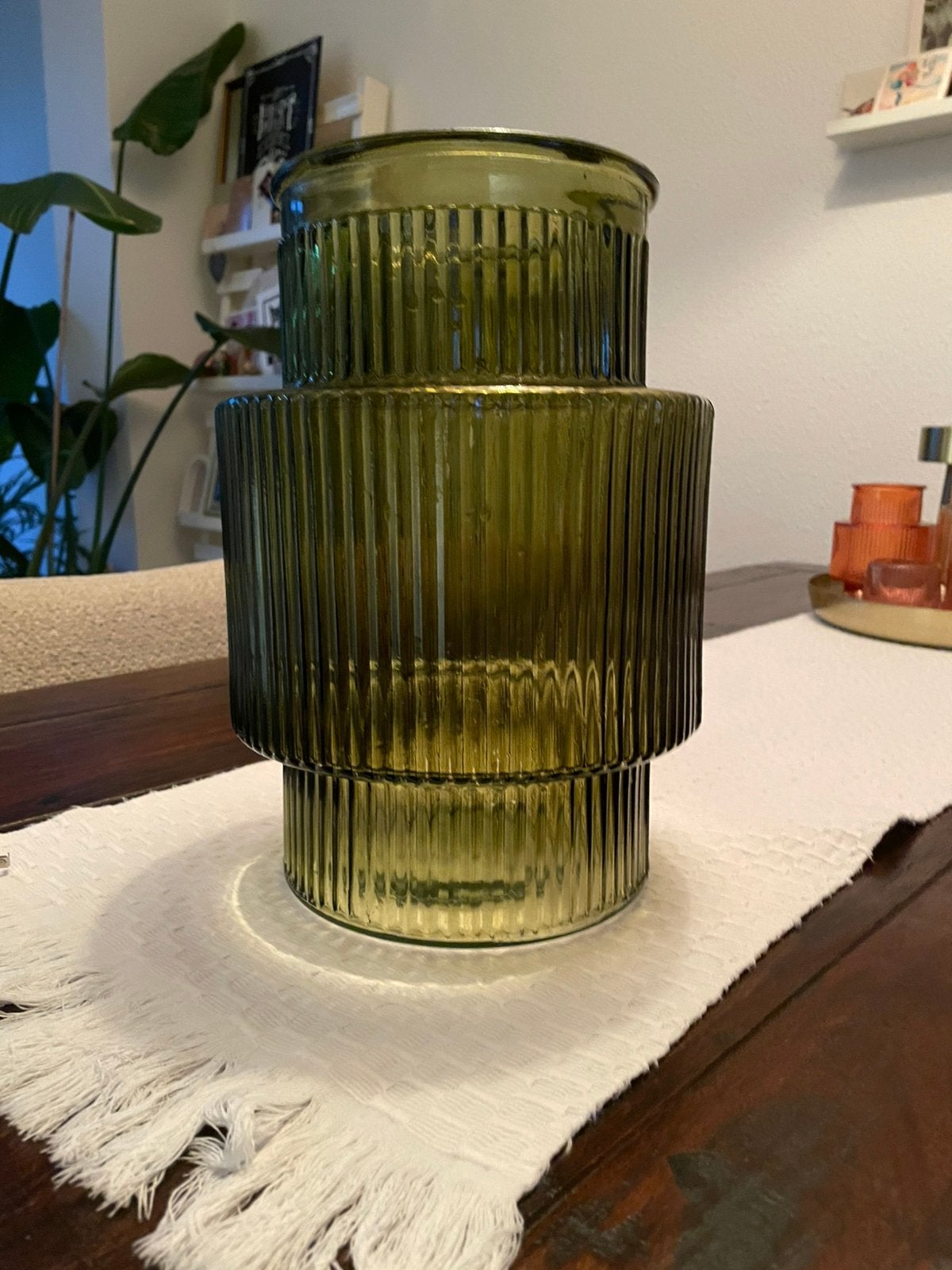 Retro vaas groen ribbel 30 cm hoog Daan Kromhout, Ophalen, Met patroon/structuur, 30 cm, Groen