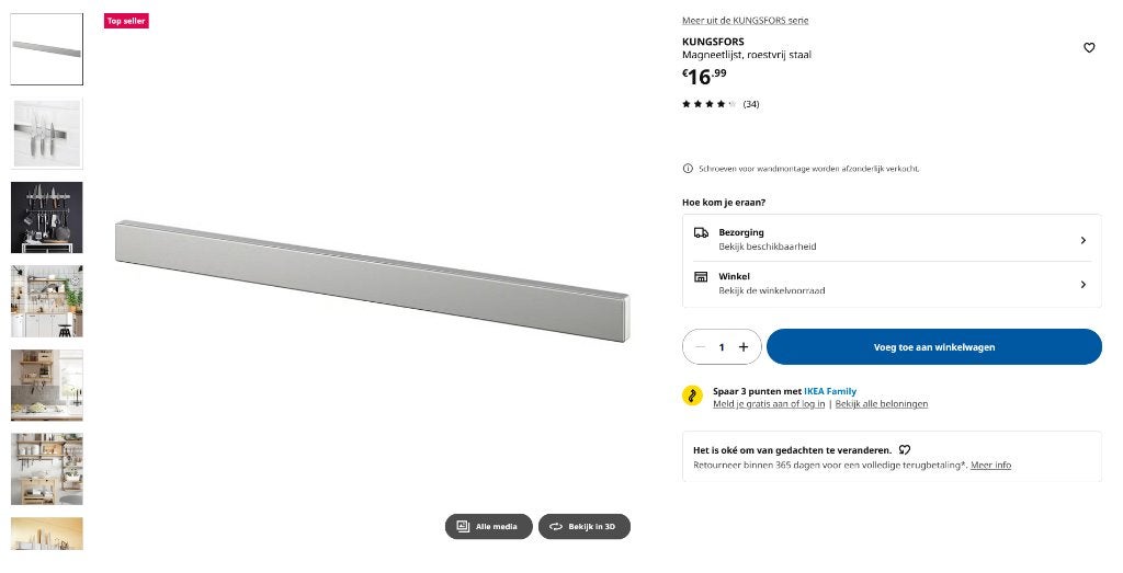 Kungsfors Ikea Magneetlijst (voor oa messen), Ophalen, Nieuw