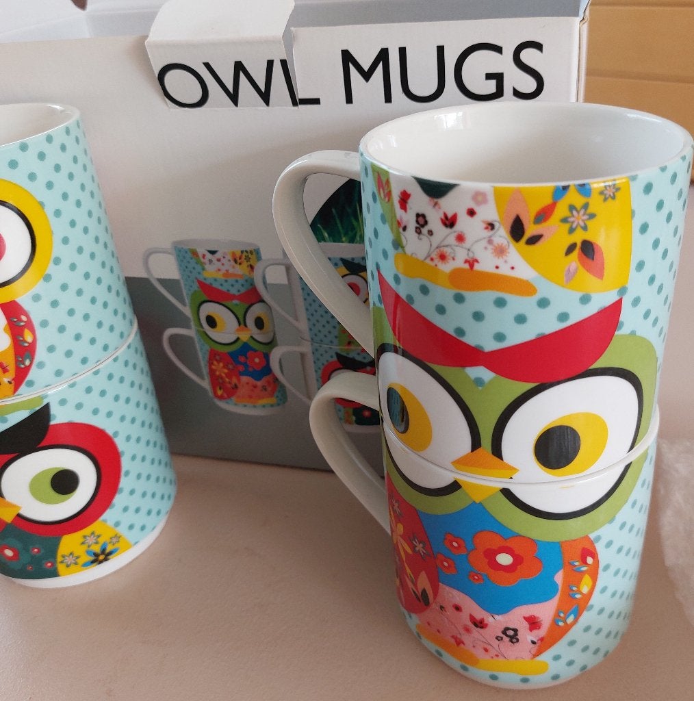 Engelse Owl Mugs, vier uil-mokken van Invotis, nieuw in doos, Huis en Inrichting, Ophalen, Overige merken, Nieuw, Overige stijlen
