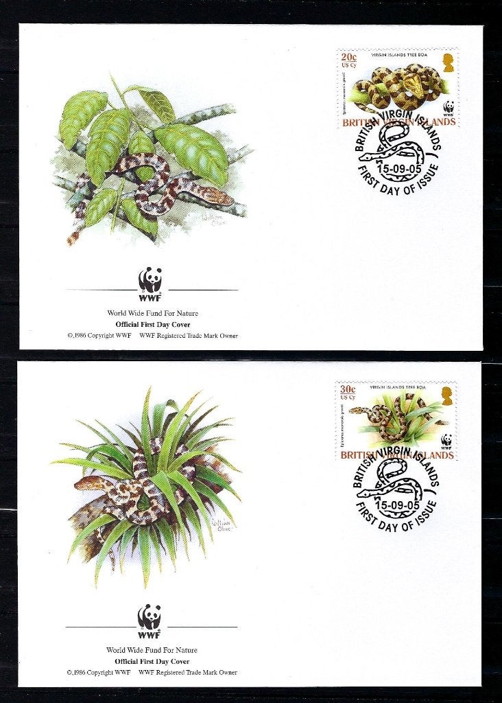 WWF Britisch Virgin Islands 4x FDC uit 2005 (slangen), Ophalen of Verzenden, Dier of Natuur