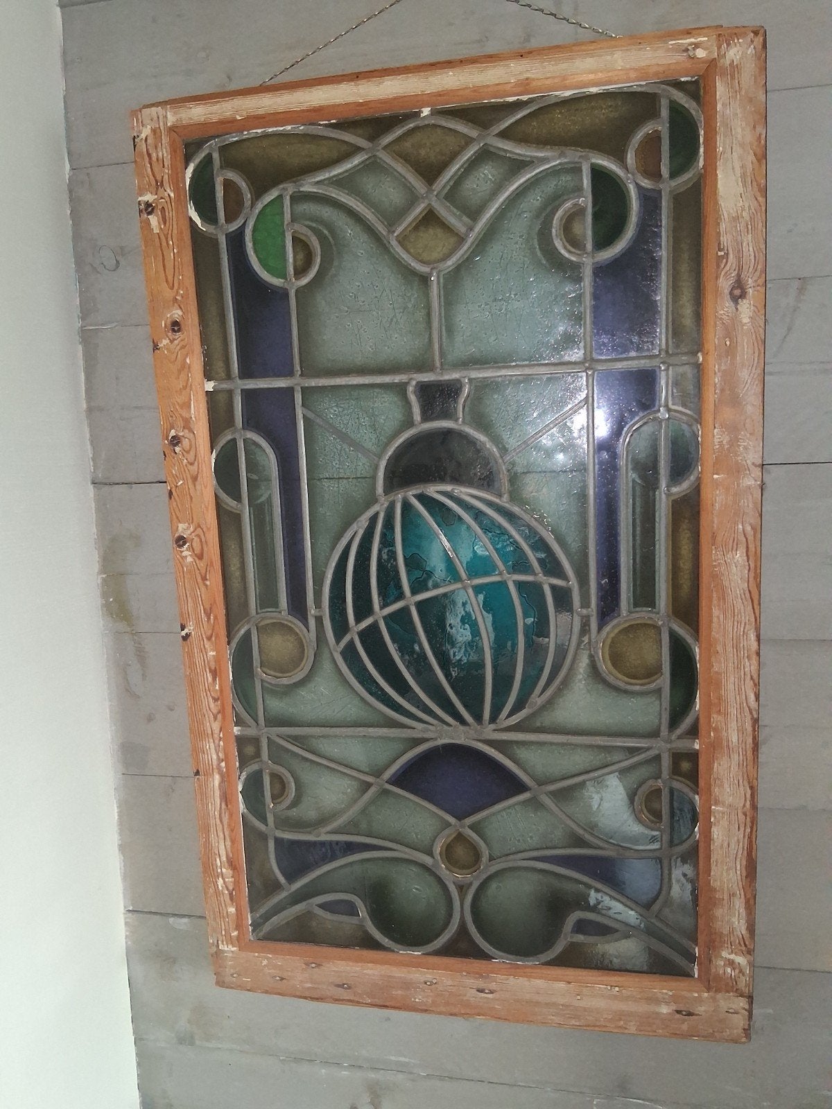 Antiek glas-in-lood raam met houten frame, Antiek en Kunst, Ophalen