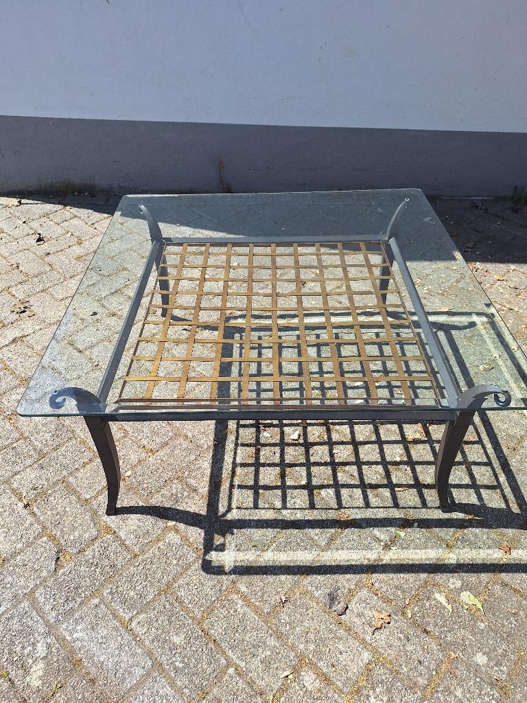 mooie metalen salontafel met glasplaat, Ophalen, 50 tot 100 cm, 50 tot 75 cm, Vierkant