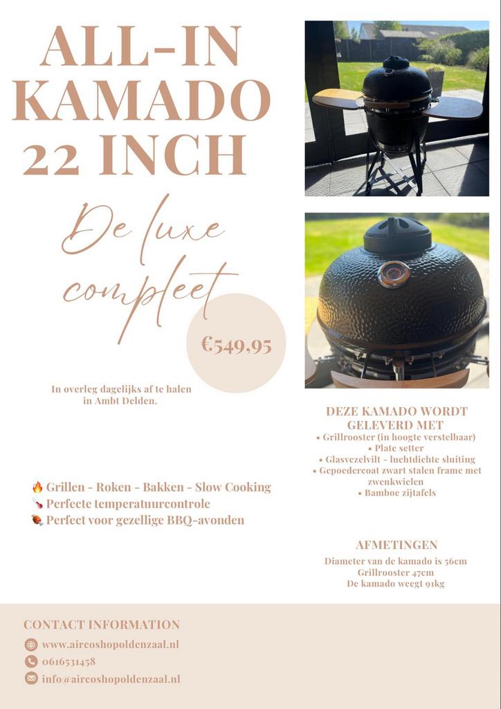 All-In Kamado 22 Inch De Luxe Compleet, Glasvezelvilt, Tuin en Terras, Houtskoolbarbecues, Ophalen, Nieuw, Kamado, Met accessoires