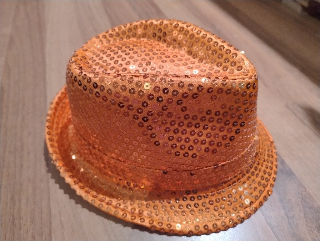 Trilby hoed glitter oranje mt 58, Ophalen of Verzenden, Gedragen, 58 of 59 cm (L, 7¼ of ⅜ inch), Hoed