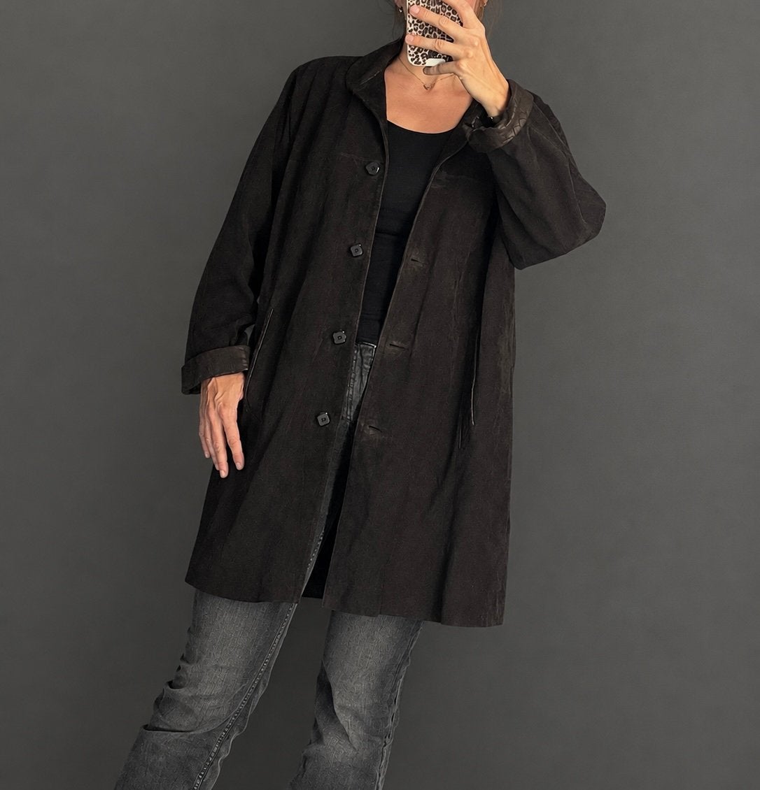 vintage bruine leren oversized jas van Rossini maat XL, Ophalen of Verzenden, Zo goed als nieuw, Maat 42/44 (L), Bruin