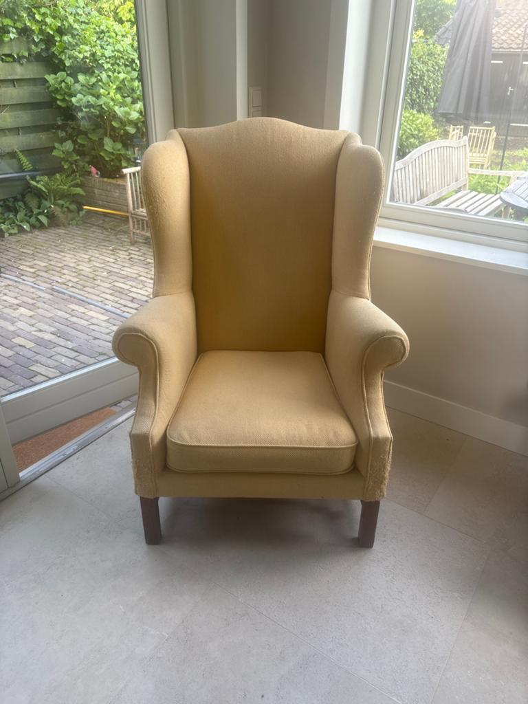 Comfortabele oorfauteuil - Geel/beige stof, Huis en Inrichting, Ophalen, Zo goed als nieuw, 75 tot 100 cm, Stof