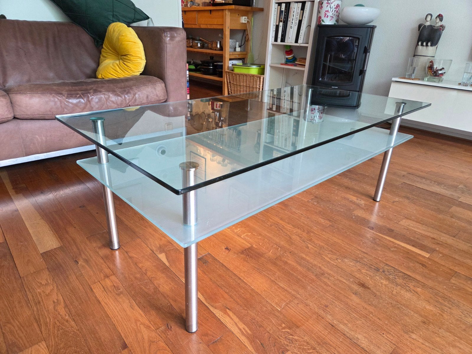 Glazen salontafel met metalen poten - 120x60x44cm, Ophalen