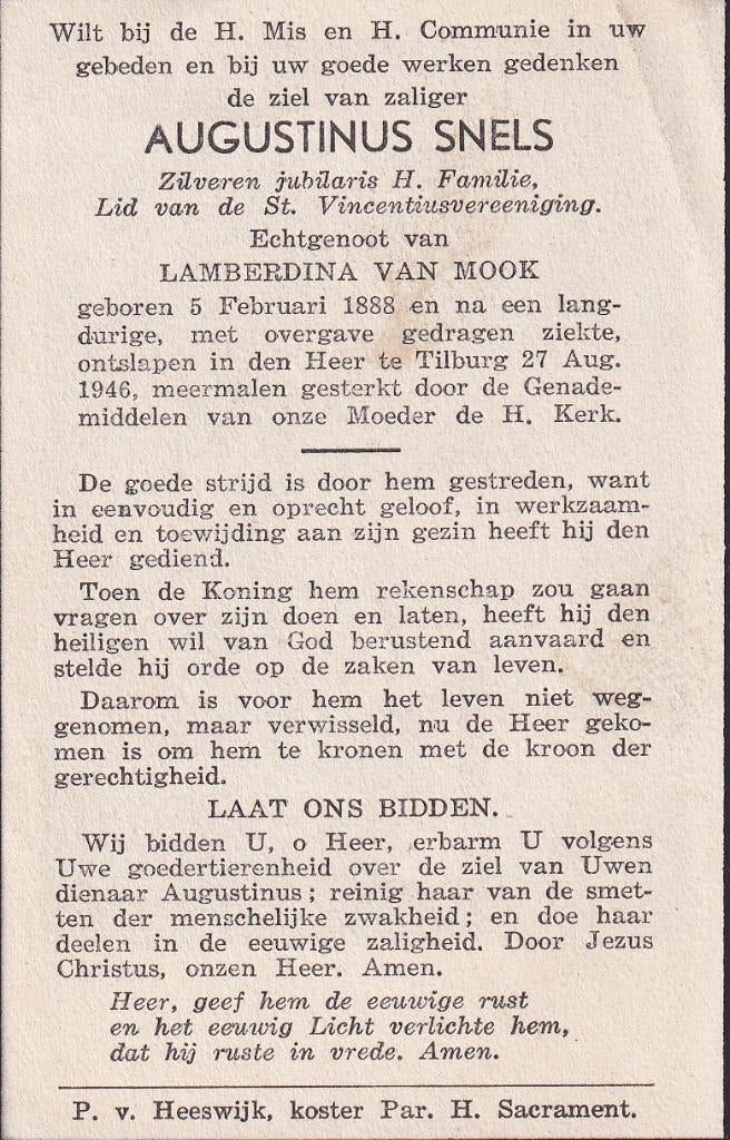 Snels Augustinus 1888-  1946 Tilburg, Ophalen of Verzenden, Bidprentje