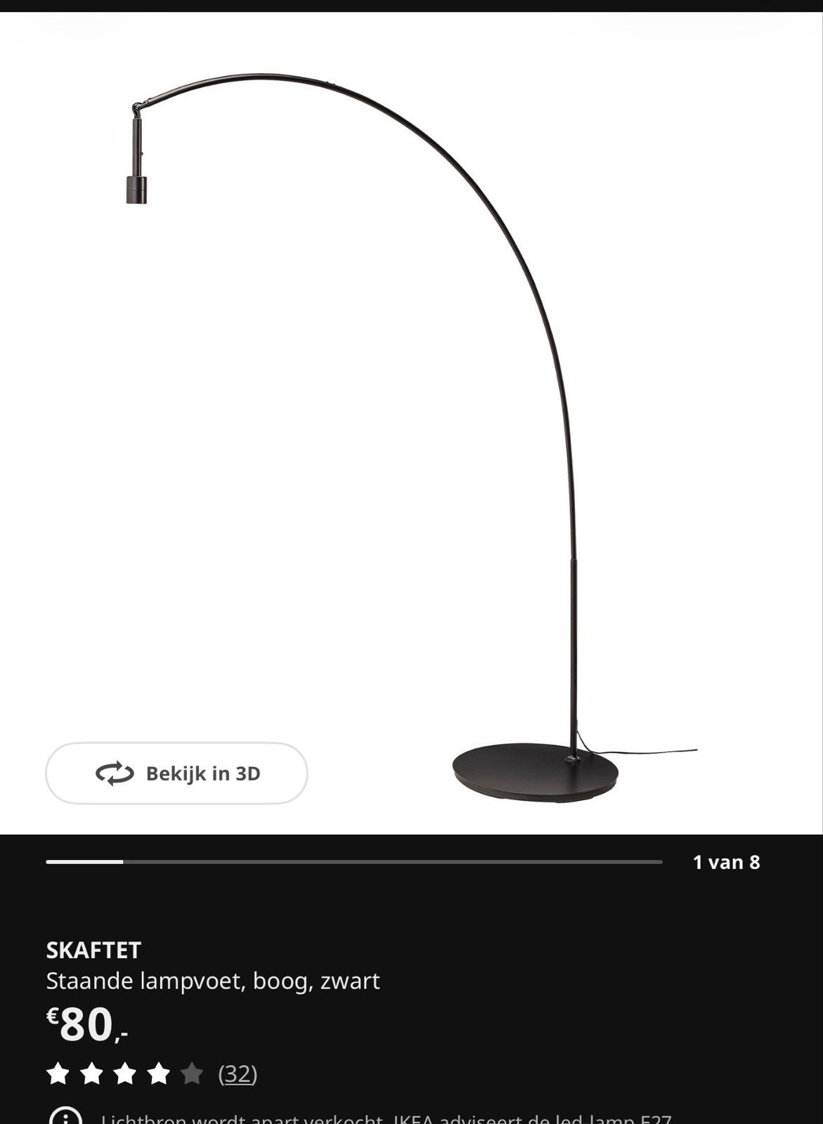IKEA SKAFTET Vloerlamp, boog, zwart - Zo goed als nieuw, Ophalen, 200 cm of meer, E27 (groot), Zo goed als nieuw