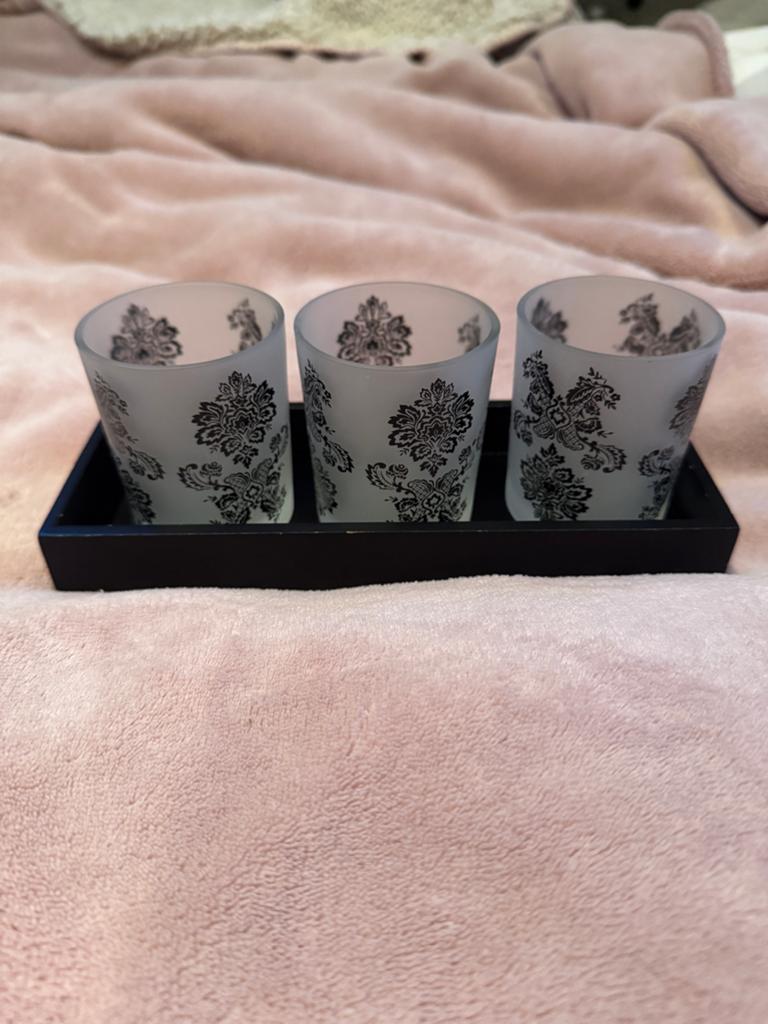Set van 3 waxinelichthouders met tray, Overige materialen, Zwart, Ophalen of Verzenden, Zo goed als nieuw