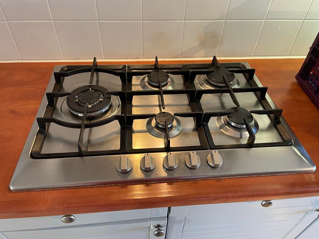 Inbouw Gasfornuis RVS met 5 Kookzones, Ophalen, Gebruikt, Minder dan 85 cm, 60 cm of meer