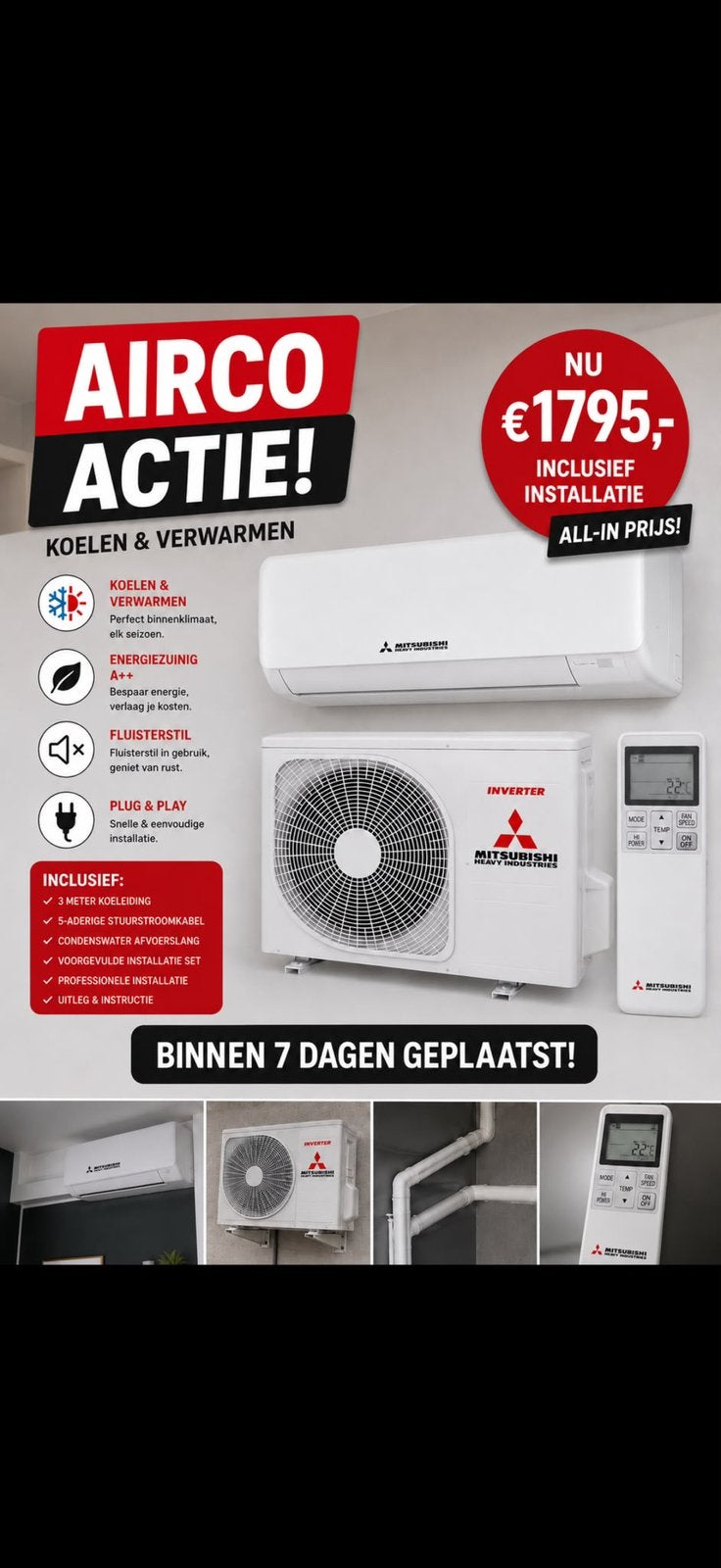 Mitsubishi Heavy Industries  3.5kW/12000Btu Incl. WiFi, Ophalen, Verwarmen, 3 snelheden of meer, Zo goed als nieuw