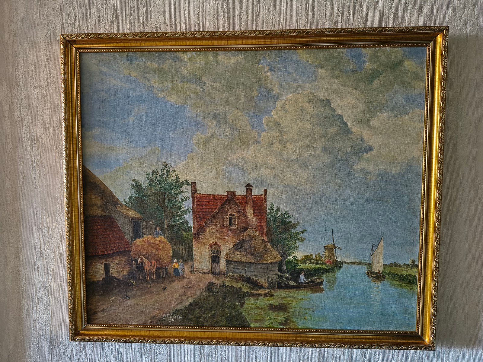 Schilderij Hollands Landschap met molen en boerderij, Doek, Oud hollands, Origineel werk, Ophalen of Verzenden