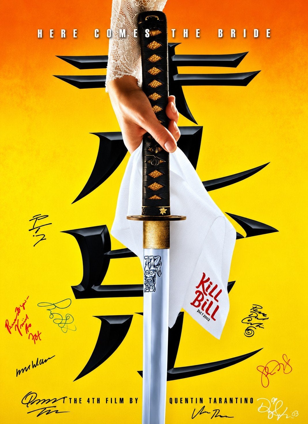 Originele filmposter Kill Bill gesigneerd X9 Tarantino, Verzenden, Zo goed als nieuw, Poster
