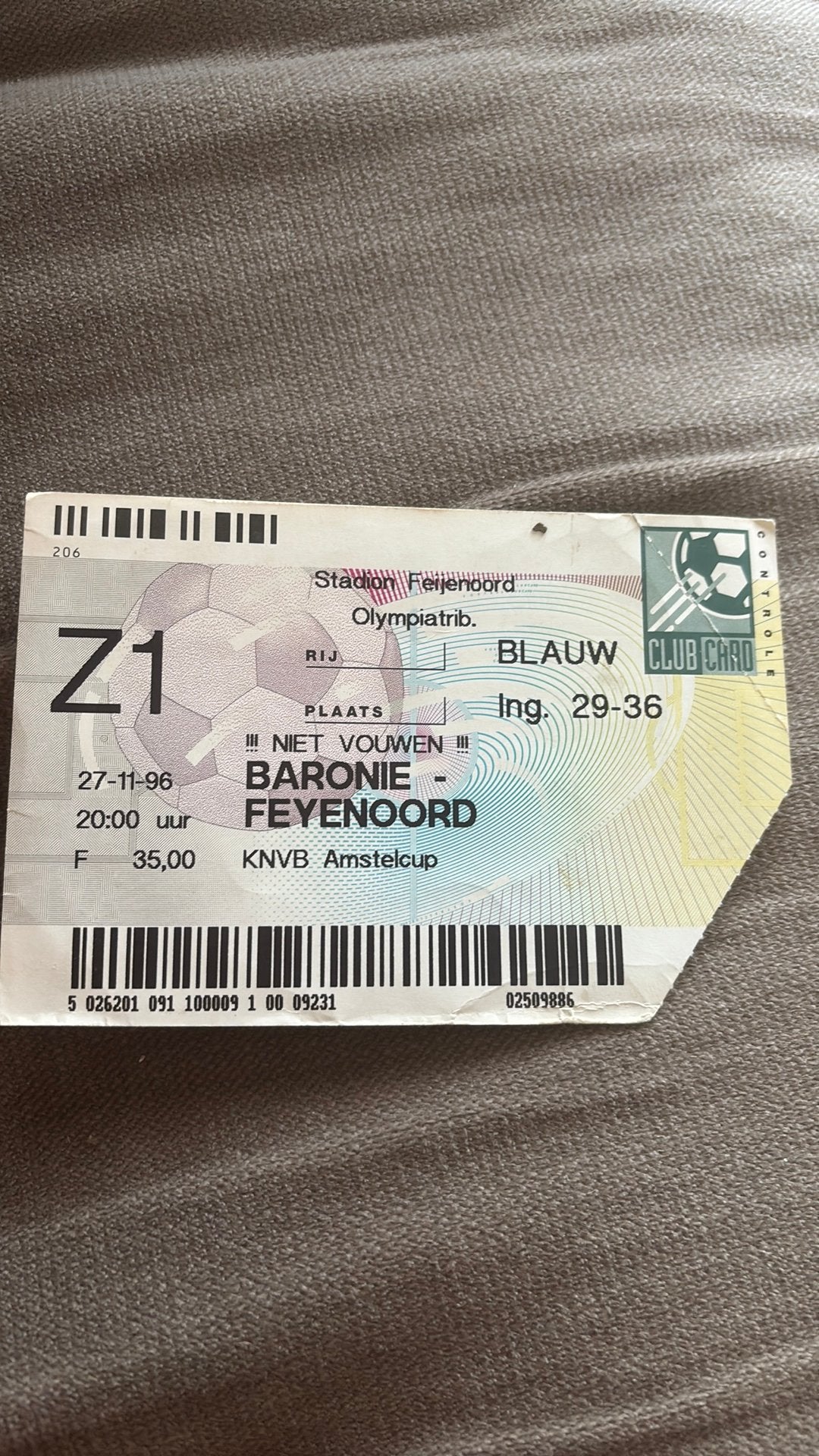 Oud stadionticket Feyenoord baronie 1996, Ophalen of Verzenden, Zo goed als nieuw, Feyenoord