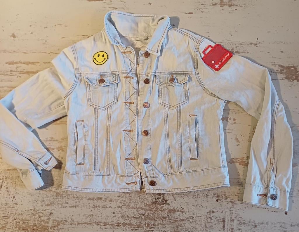 festival spijkerjasje / jeansjasje / denim  smiley acid, Ophalen of Verzenden, Gedragen, Maat 42/44 (L), Blauw