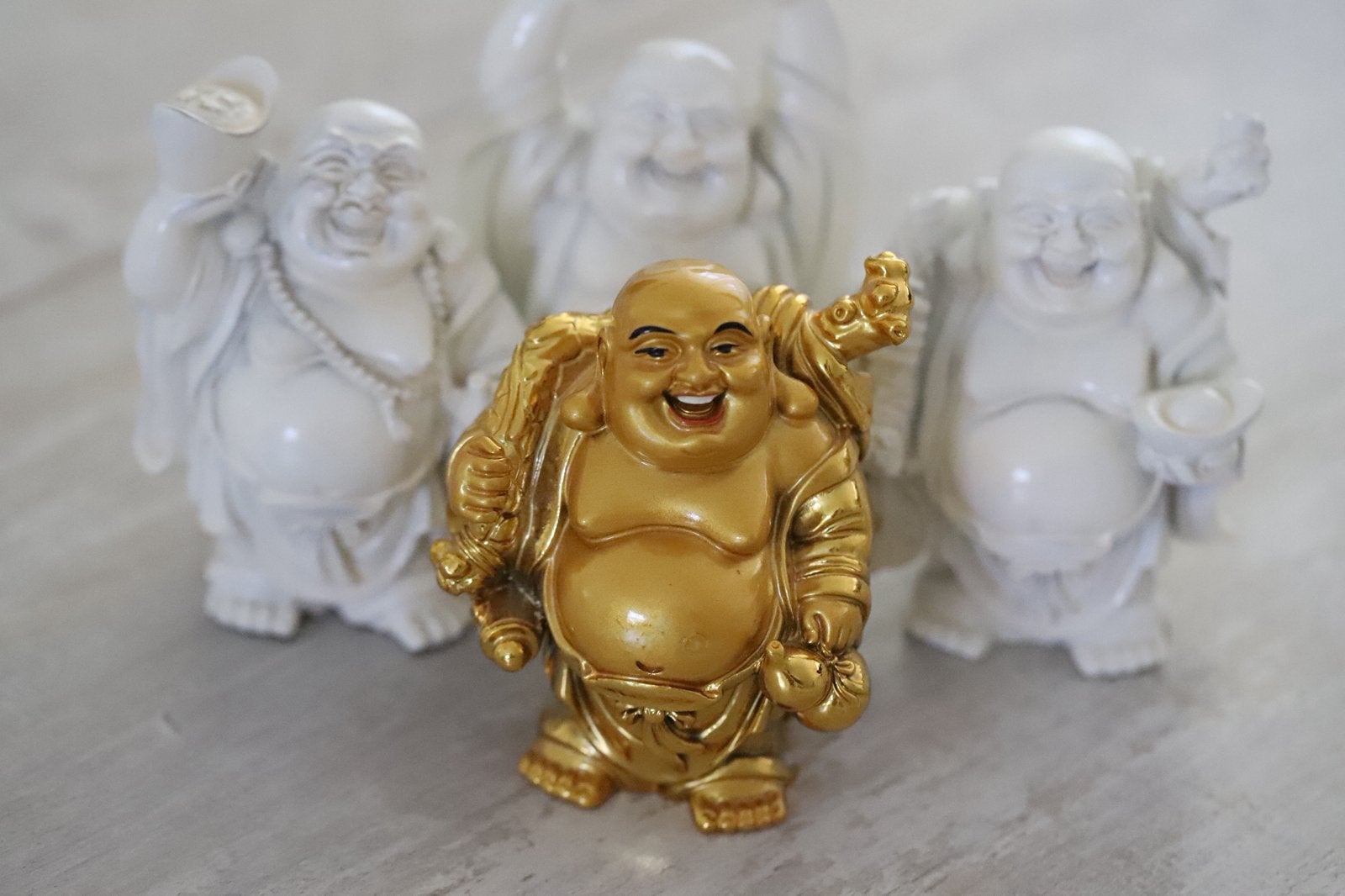 Happy Boeddha beeld + 3 witte Happy Boeddha’s cadeau, Ophalen of Verzenden, Gebruikt