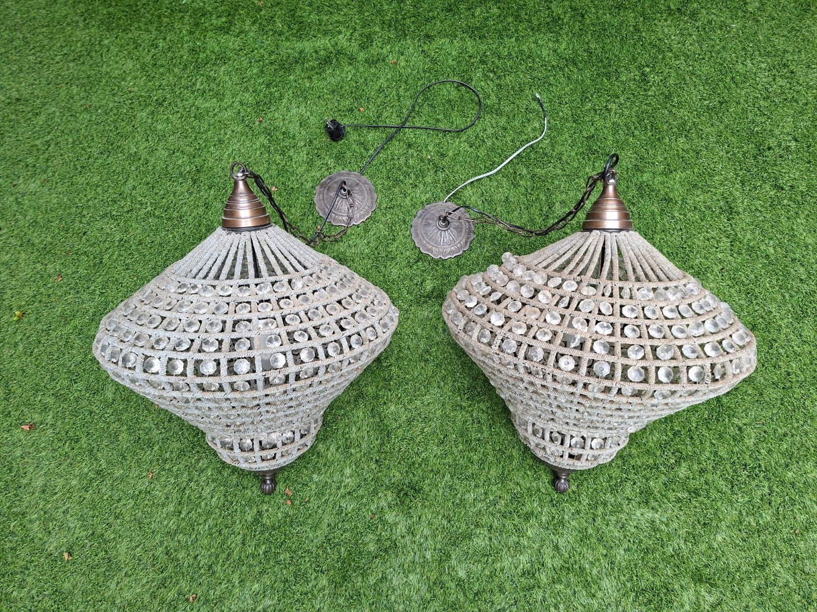 Set van 2 Kroonluchters met Kristallen en Kralen, Huis en Inrichting, Lampen | Kroonluchters, Ophalen, Gebruikt, Glas