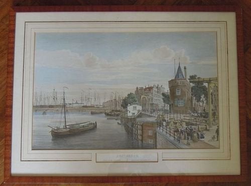Nr C236: Ingekleurde gravure Oosterdok Amsterdam, 54 cm, 46 cm, Ophalen of Verzenden, Gravure