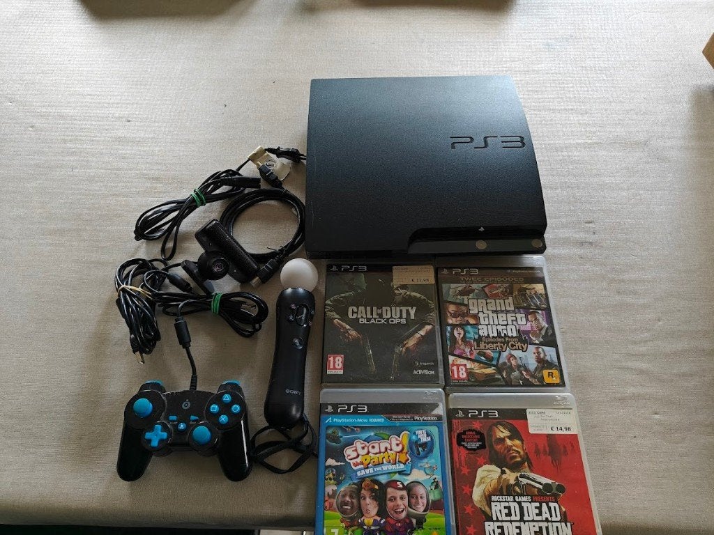 PS3 Slim 320GB + Controller + Move + 4 Games, Spelcomputers en Games, Spelcomputers | Sony PlayStation 3, Ophalen, 320 GB, Met 1 controller