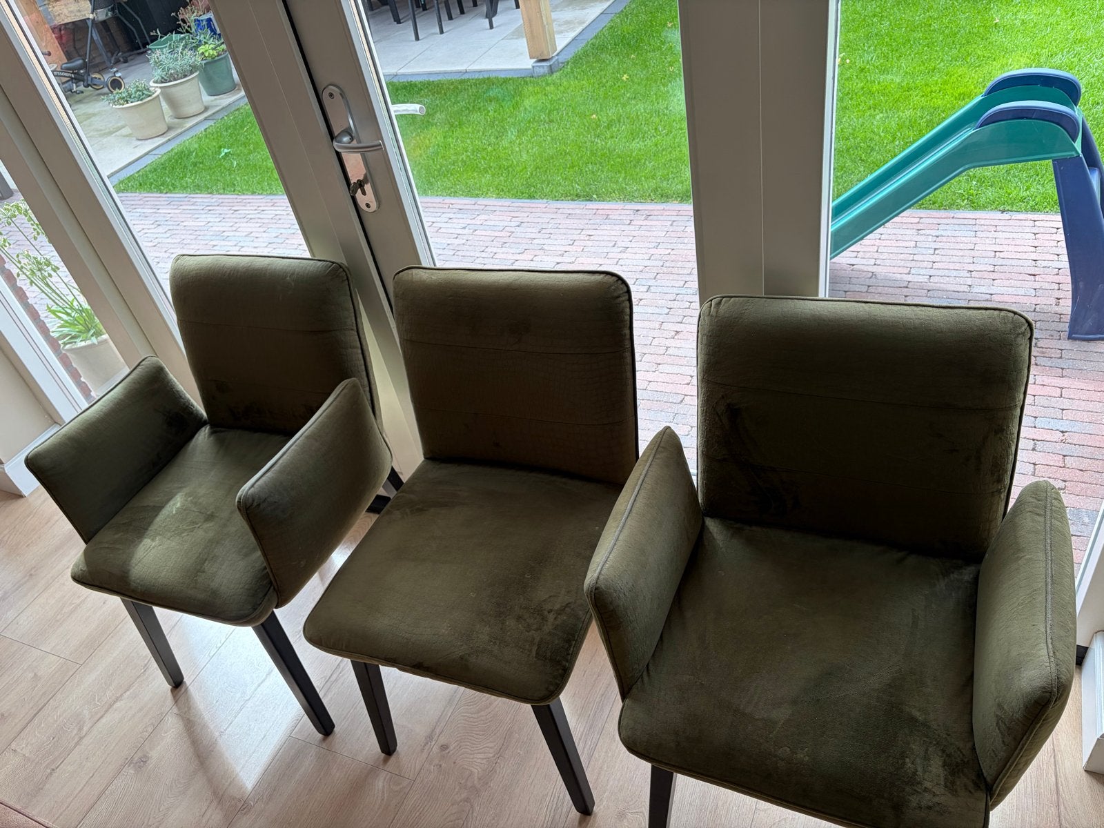 Set 6 olijfgroene eetkamerstoelen 4 armleuningen 2 zonder, Huis en Inrichting, Ophalen, Gebruikt, Overige kleuren, Stof