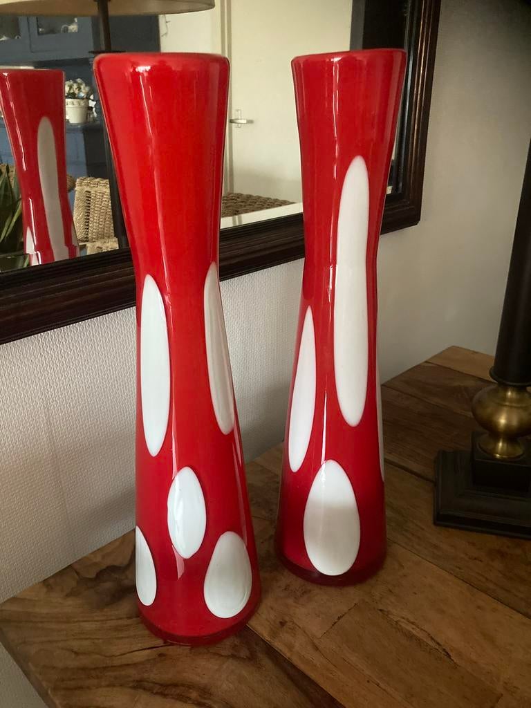Rood Witte Vazen Glas 2 stuksi, Ophalen of Verzenden, Minder dan 50 cm, Rood, Glas