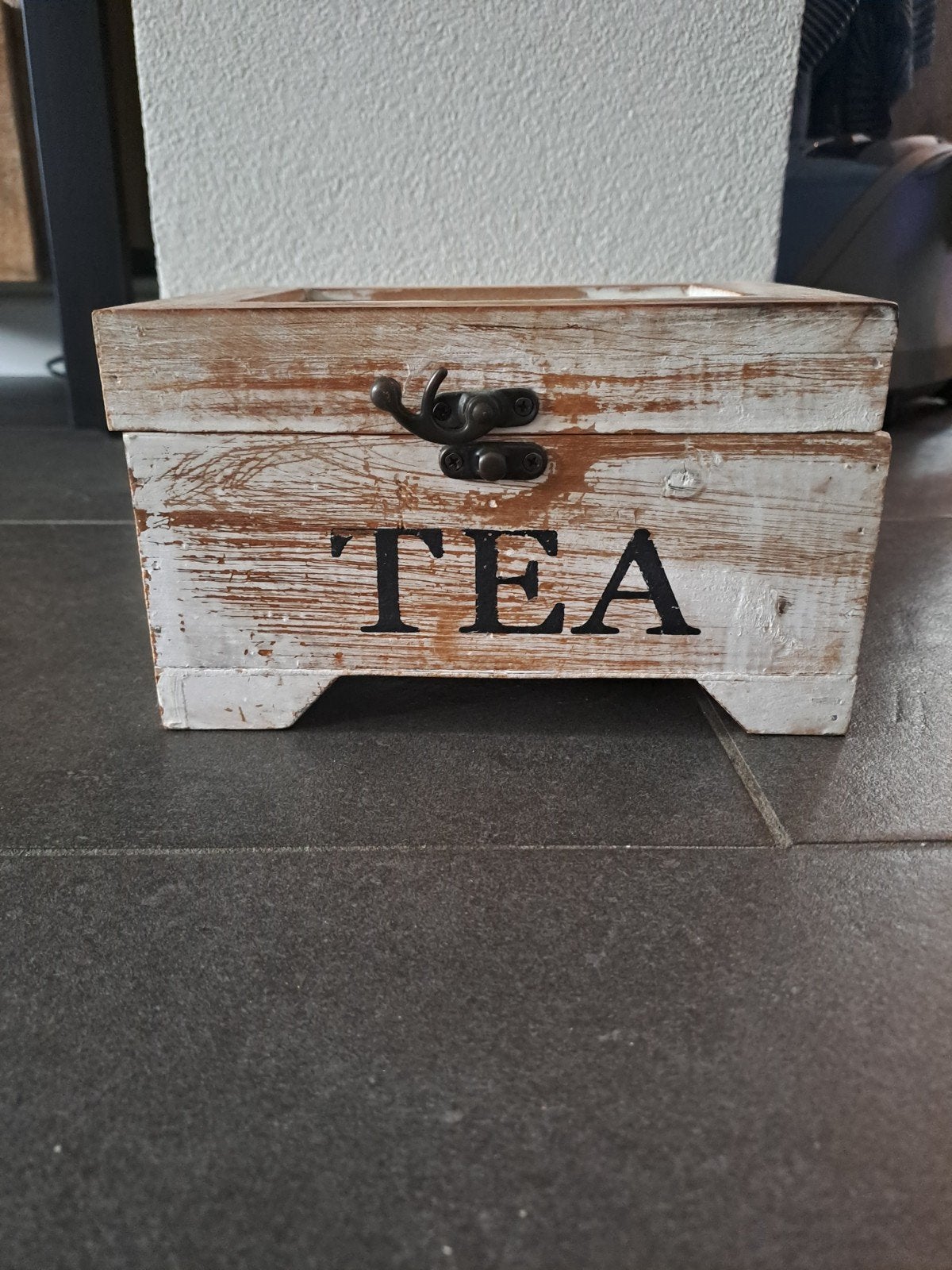 Houten theedoos met 4 vakken, Gebruikt, Ophalen of Verzenden, Wit, Vintage
