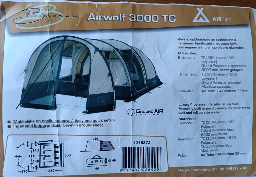 Bardani Airwolf 3000 TC - Opblaasbare tent + luifel, Ophalen, Tot en met 4