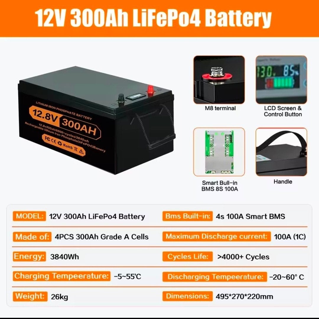 12V 300Ah LiFePo4 Accu met BMS en LCD Scherm, Ophalen of Verzenden, Nieuw