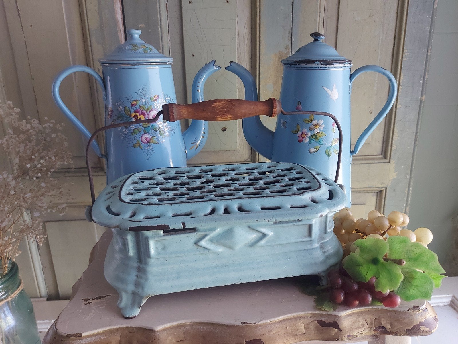 Antieke Frans blauw emaille stoof / rechaud  met handvat, Ophalen of Verzenden