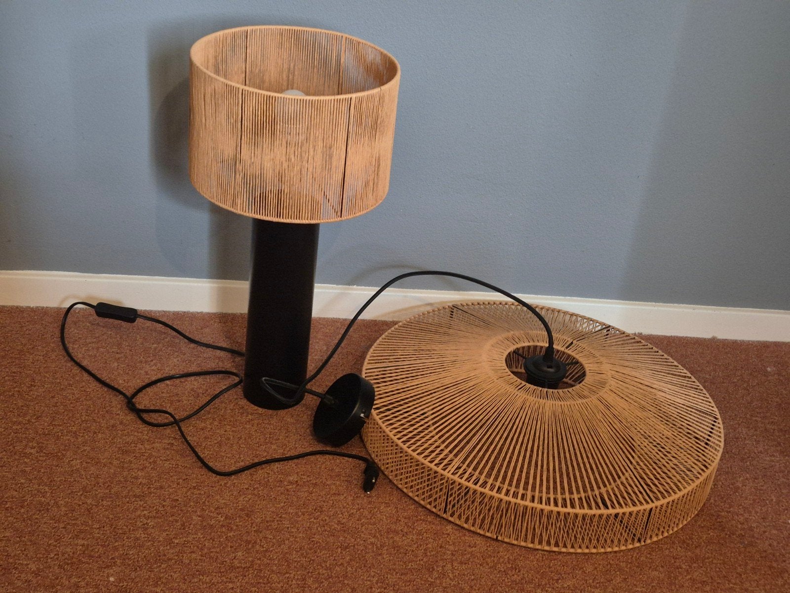 Set van 2 rotan lampen: vloerlamp en hanglamp, Bohemian, Overige merken, Gebruikt, Natuurlijk materiaal