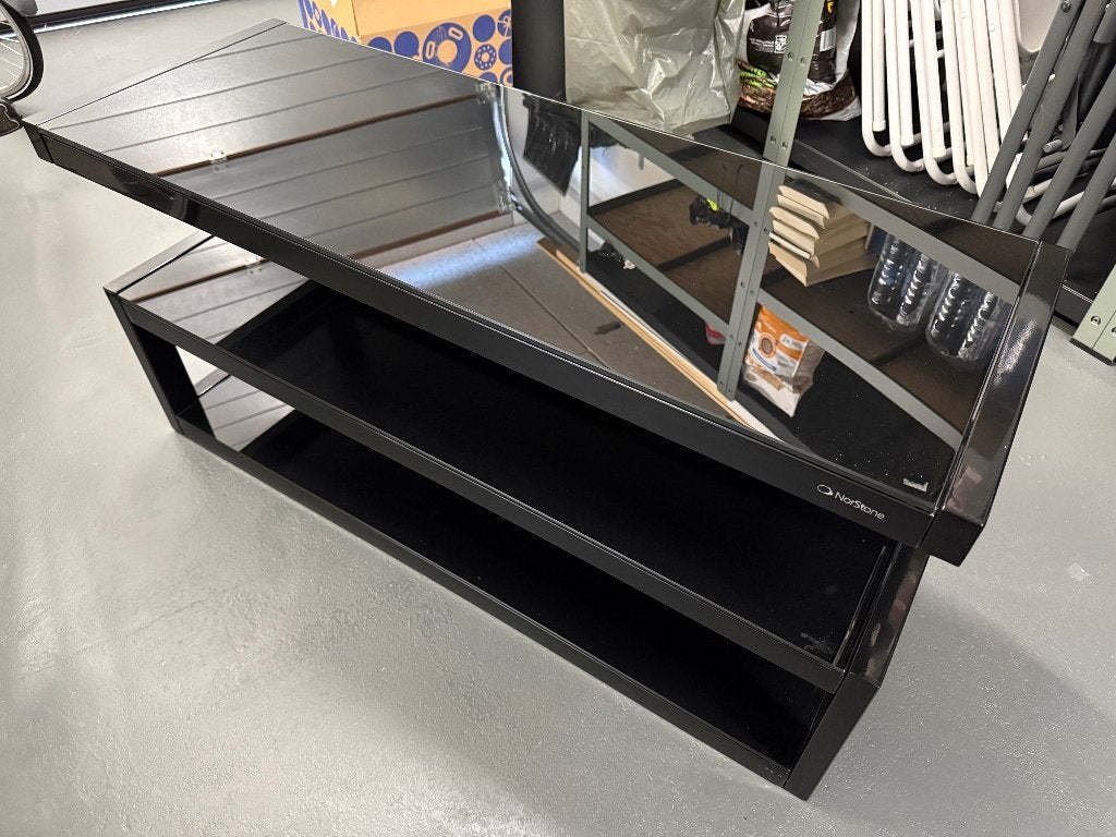 Norstone Esse Audio Meubel - Zwart Glas en Metaal, Ophalen, Gebruikt, 100 tot 150 cm, Modern, Strak