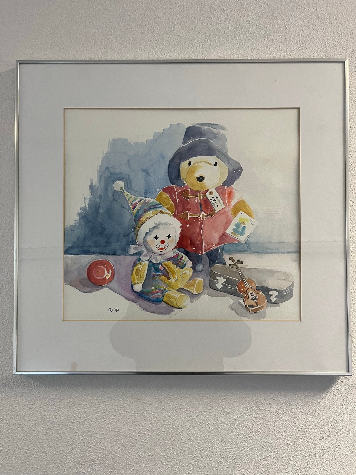 Aquarel Paddington Beer en Clown - Gesigneerd '93, Antiek en Kunst, Kunst | Schilderijen | Klassiek, Realistisch, Aquarel, Overige onderwerpen