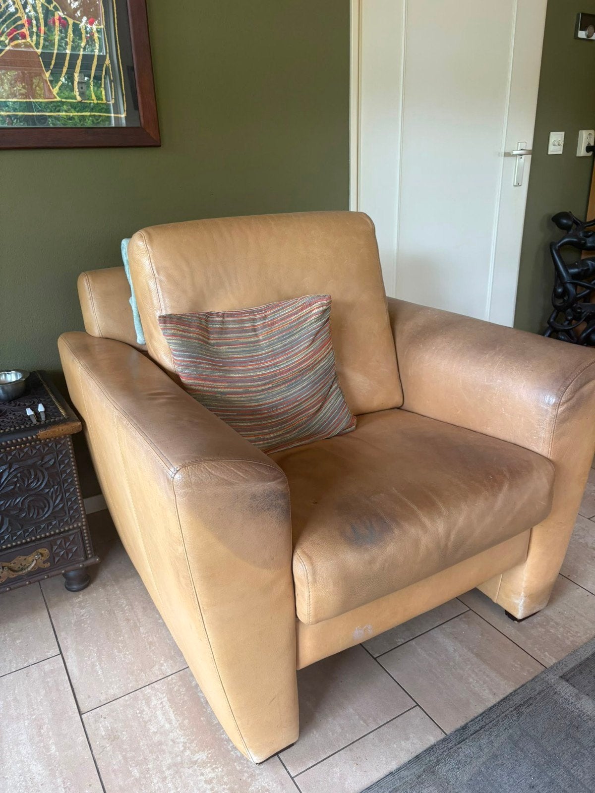 GRATIS... Lederen bank en 2 fauteuils, Ophalen, Gebruikt, 75 tot 100 cm