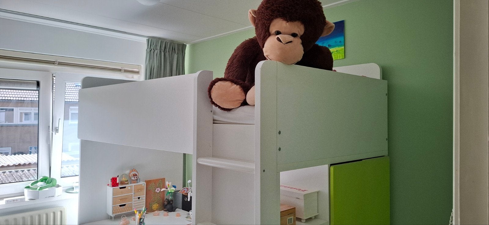 Hoogslaper met bureau, kast en planken (Ikea), Huis en Inrichting, Ophalen, Gebruikt, Eenpersoons, 200 cm