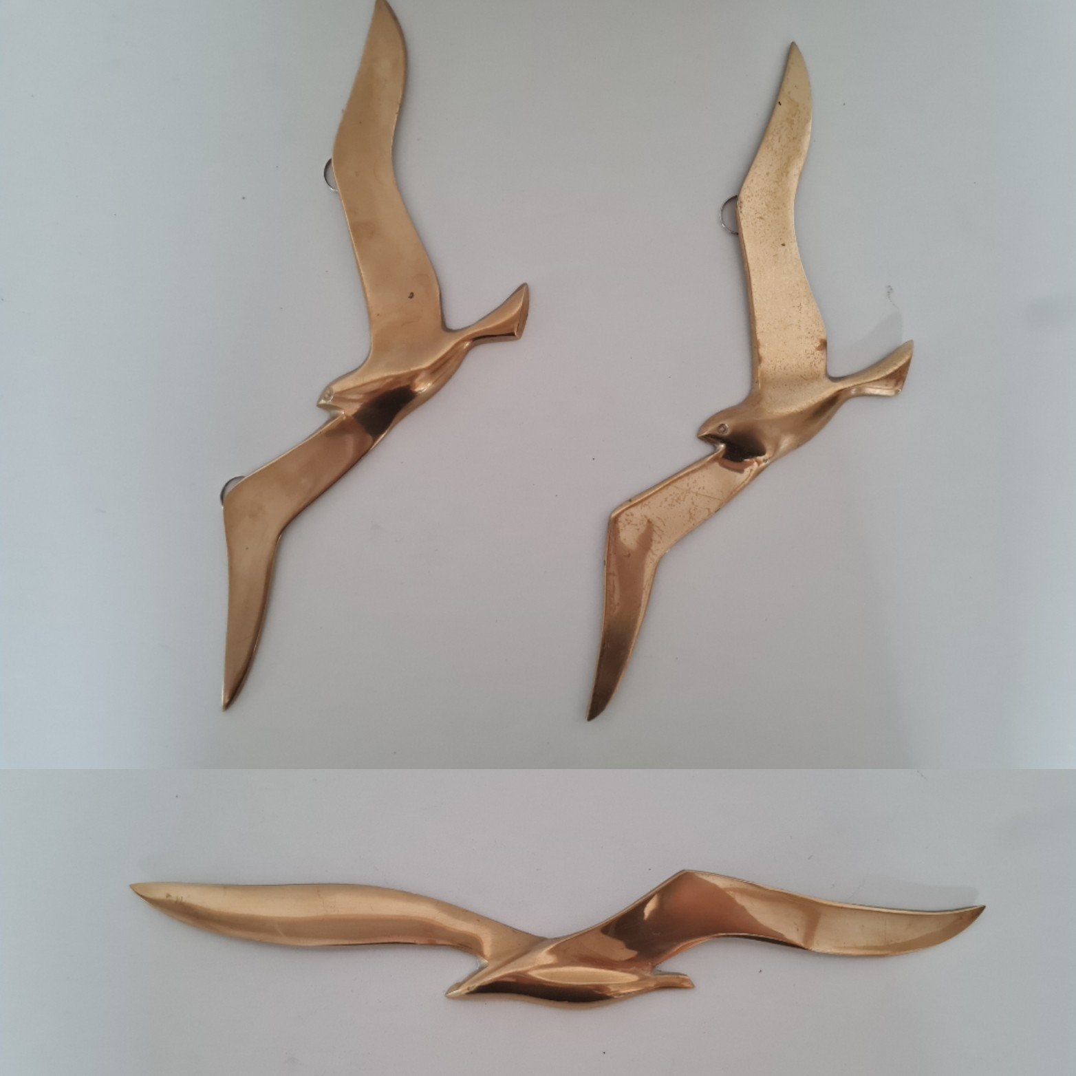 3 vintage messing wandvogels - meeuwen vogels muurdeco, Metaal, Gebruikt, Wandhanger, 33 cm