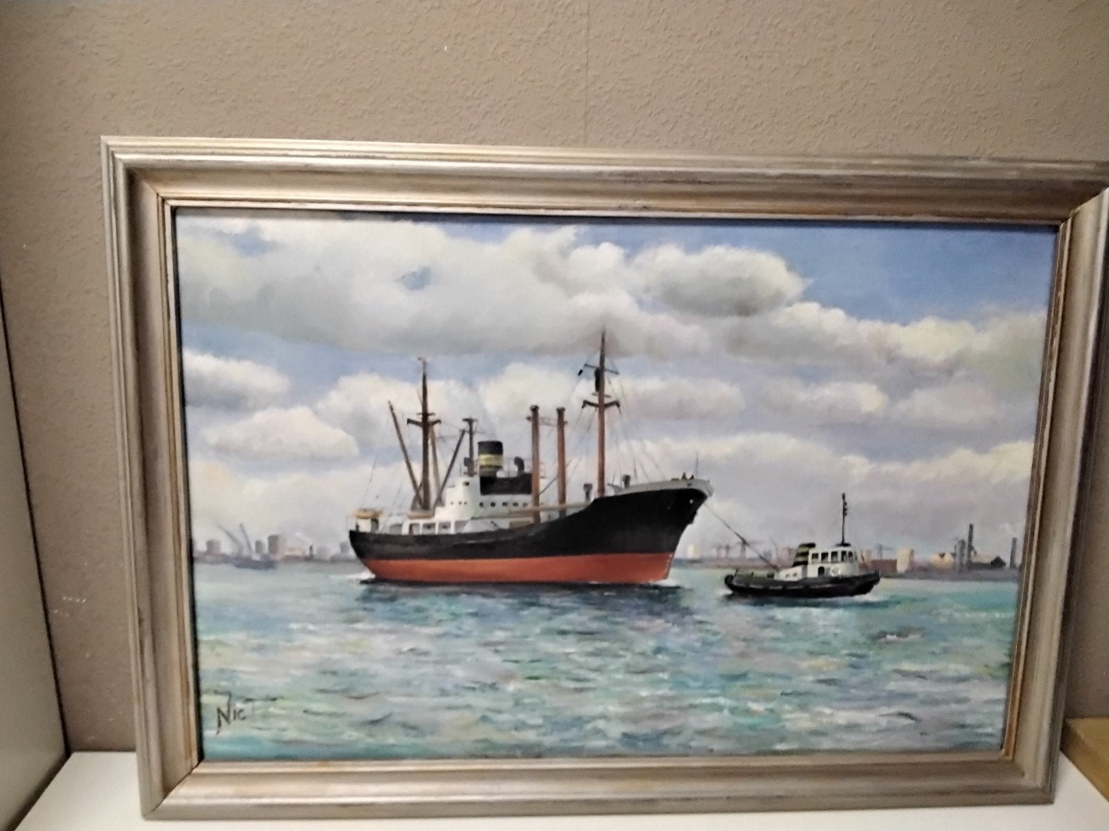 Maritiem olieverfschilderij: Vrachtschip en Sleepboot op Zee, Watersport en Boten, Ophalen