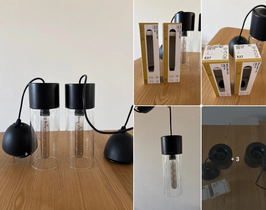2 IKEA hanglampen zwart glas met ROLLSBO LED spiraallampen, Huis en Inrichting, Ophalen, Gebruikt, Glas, Modern, Industrieel